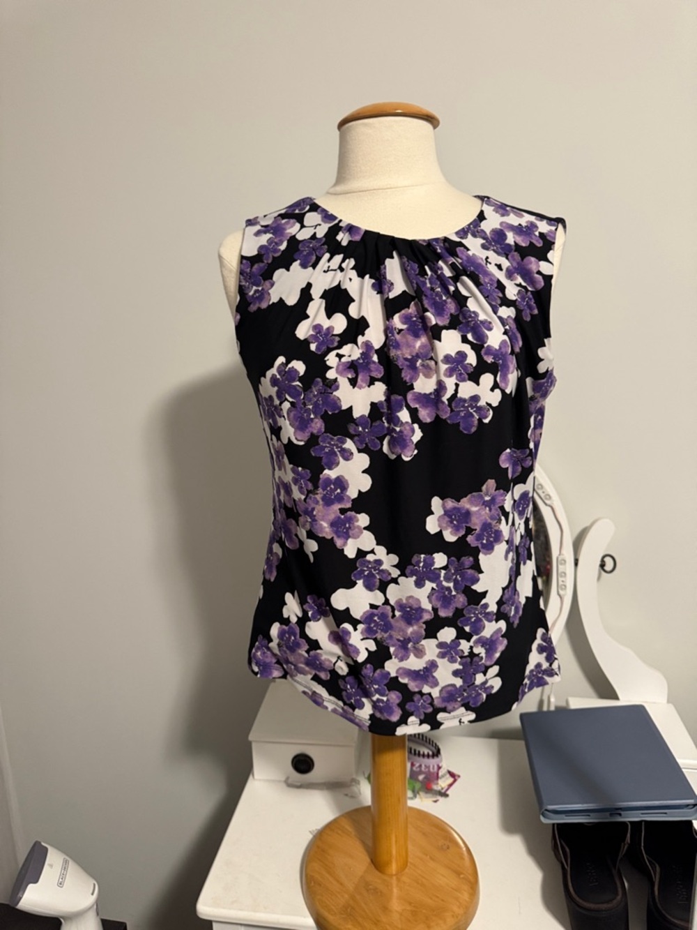 Calvin Klein Black Sleeveless Top with Purple Floral Print